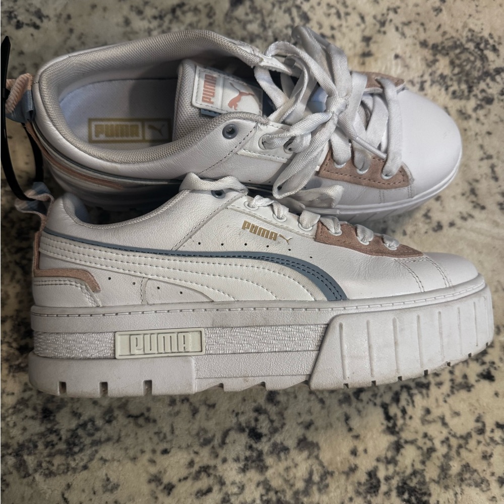 Puma White and Blue Platform Sneakers